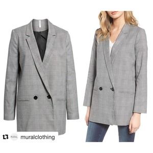 MURAL Women's Retro Double Breasted Long Line Houndstooth Oversized Blazer sz M